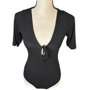 Reformation Bodysuit Woman's Sz S Black tie Wrap 3/4 Sleeves Made in USA